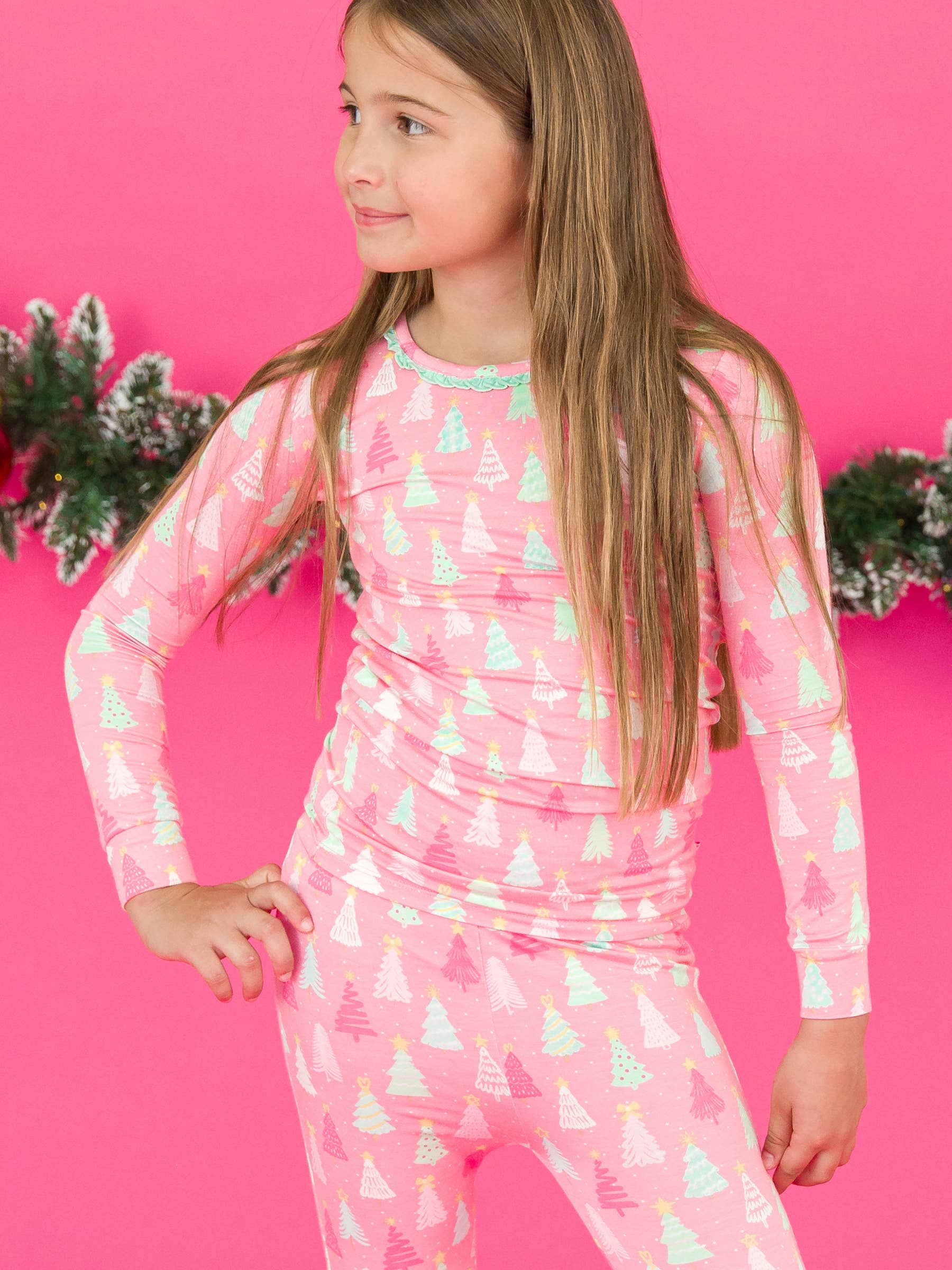 RuffleButts - Merry Pink Pines Bamboo Ruffle Long Sleeve Pajama Set