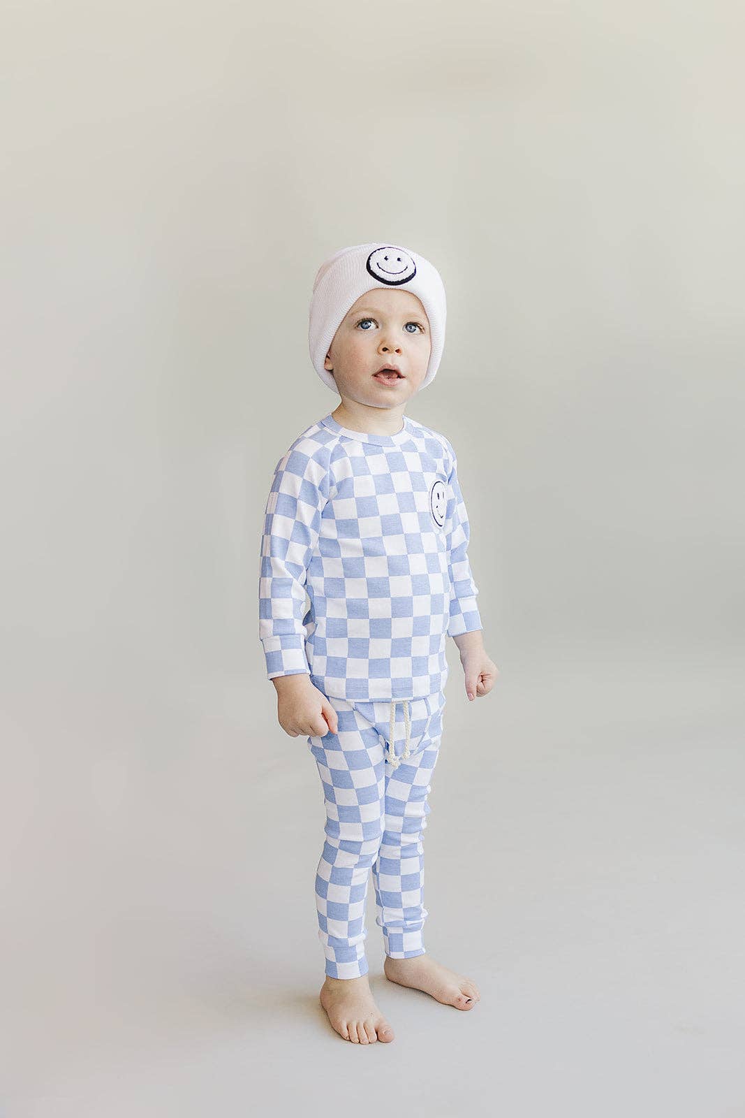 Lucky Panda Kids Lounge Set - Blue Checkered Smiley