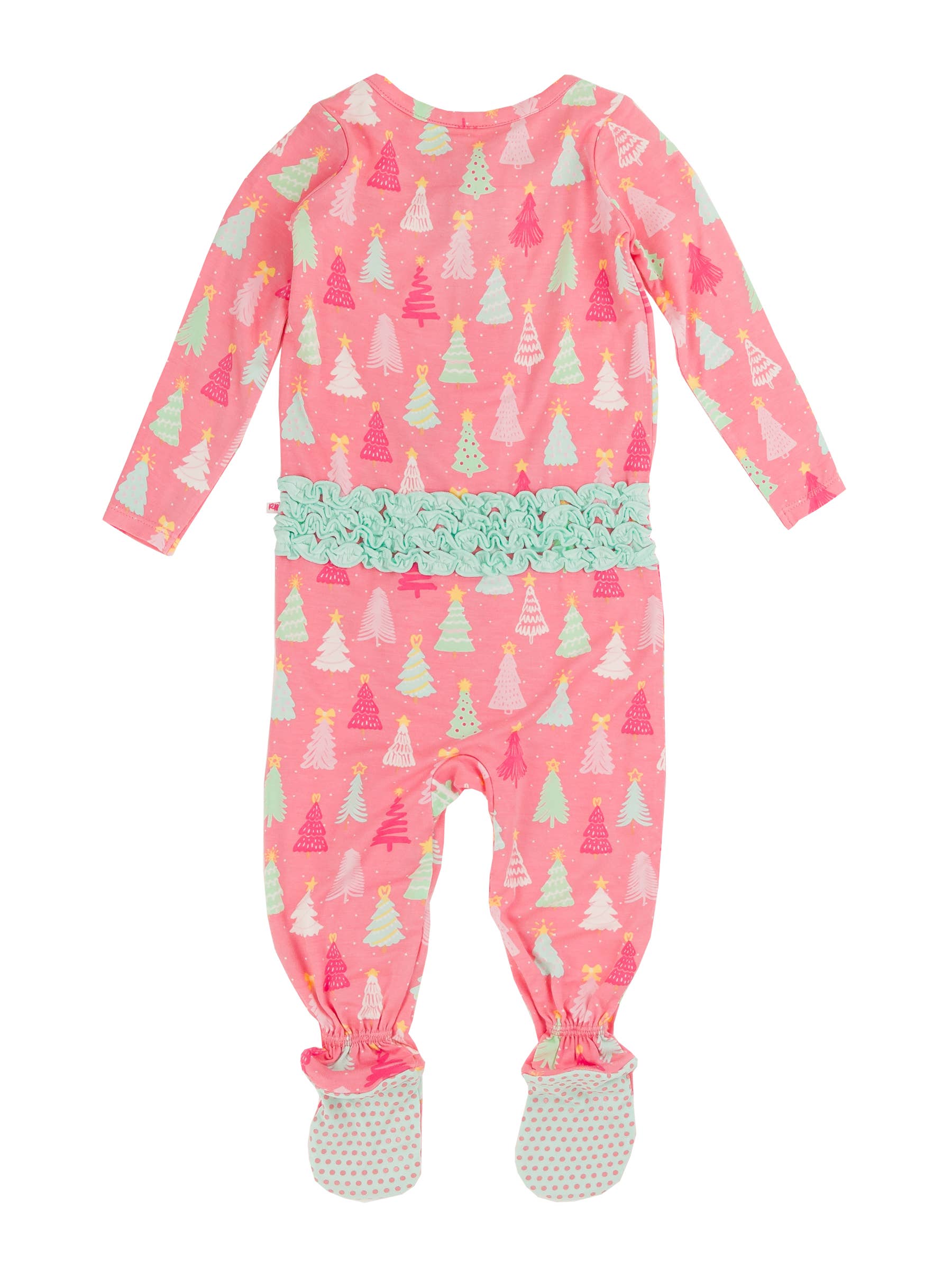 RuffleButts - Merry Pink Pines Bamboo Footed Ruffle One Piece Pajama