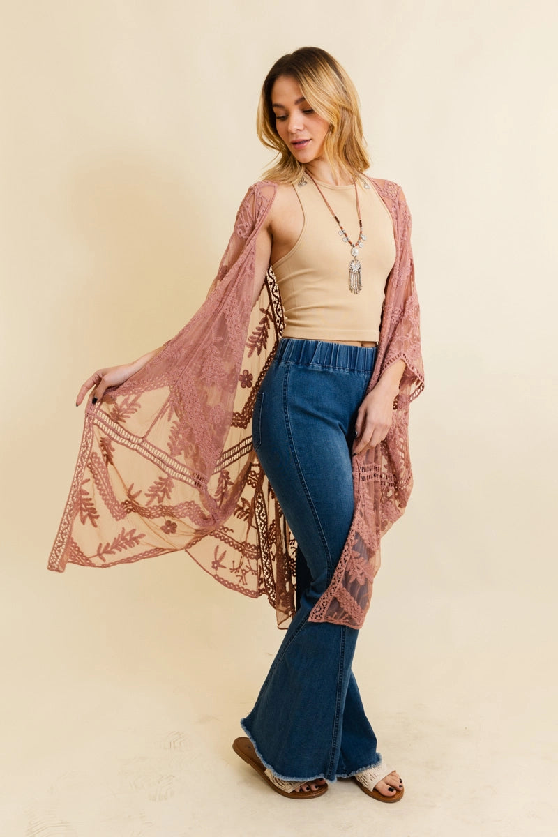 Embroidered Mesh Leaf Botanical Kimono - Rose