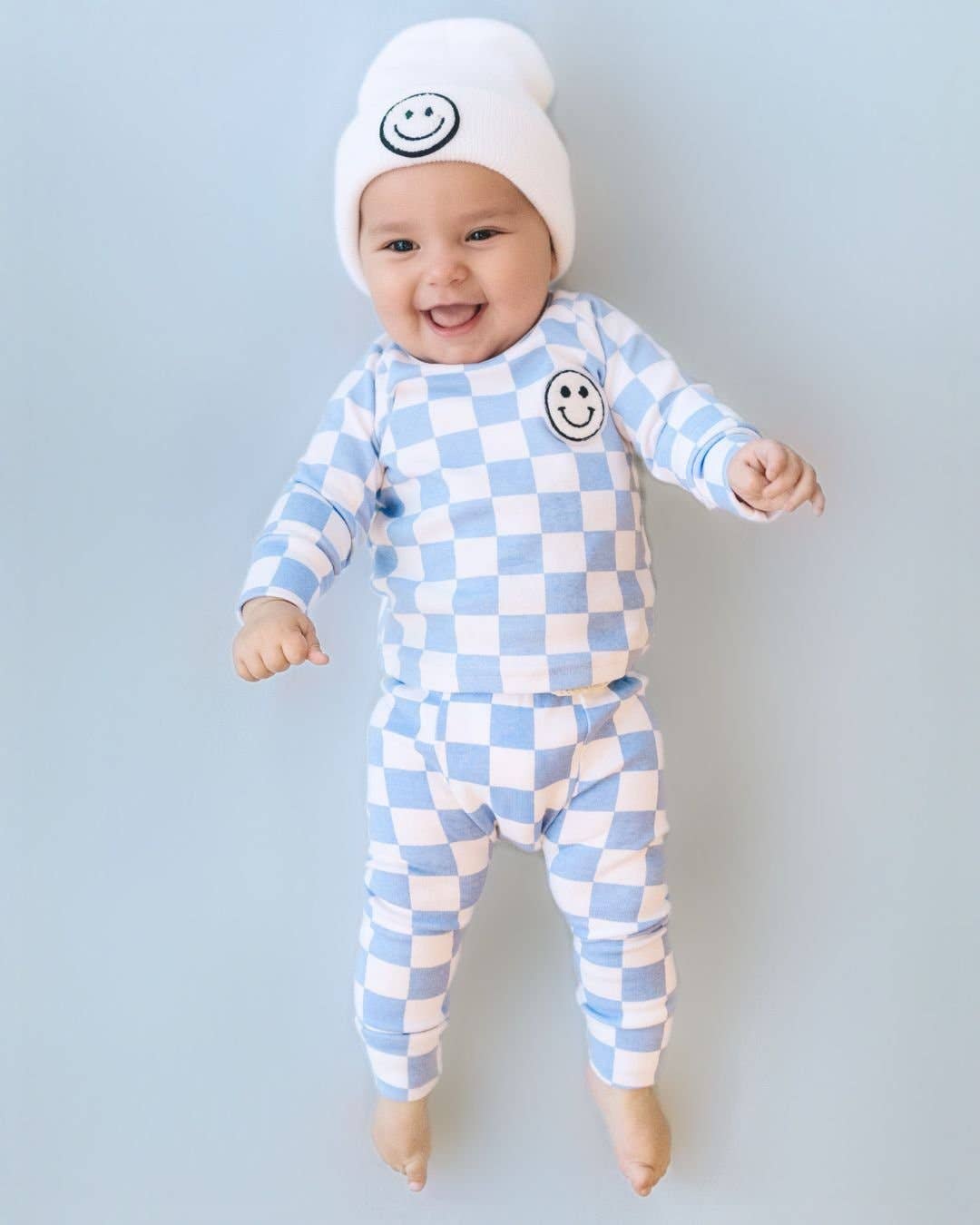 Lucky Panda Kids Lounge Set - Blue Checkered Smiley