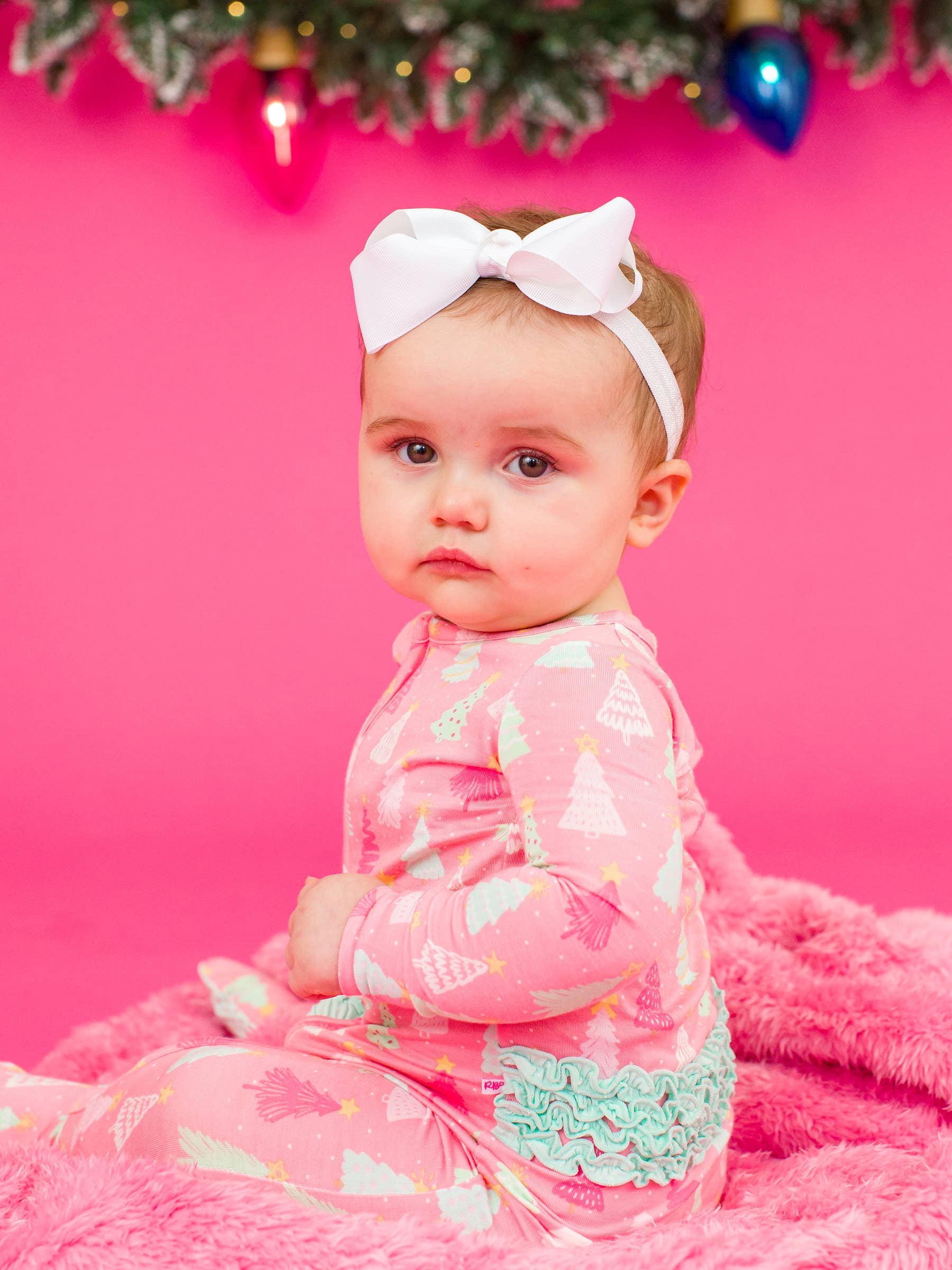 RuffleButts - Merry Pink Pines Bamboo Footed Ruffle One Piece Pajama (Final Sale)