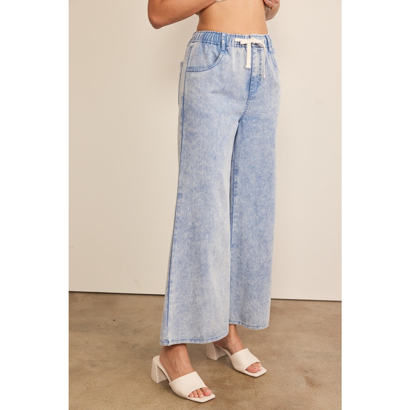 Wide Leg Denim Pants with Elastic Waistband - Denim Blue