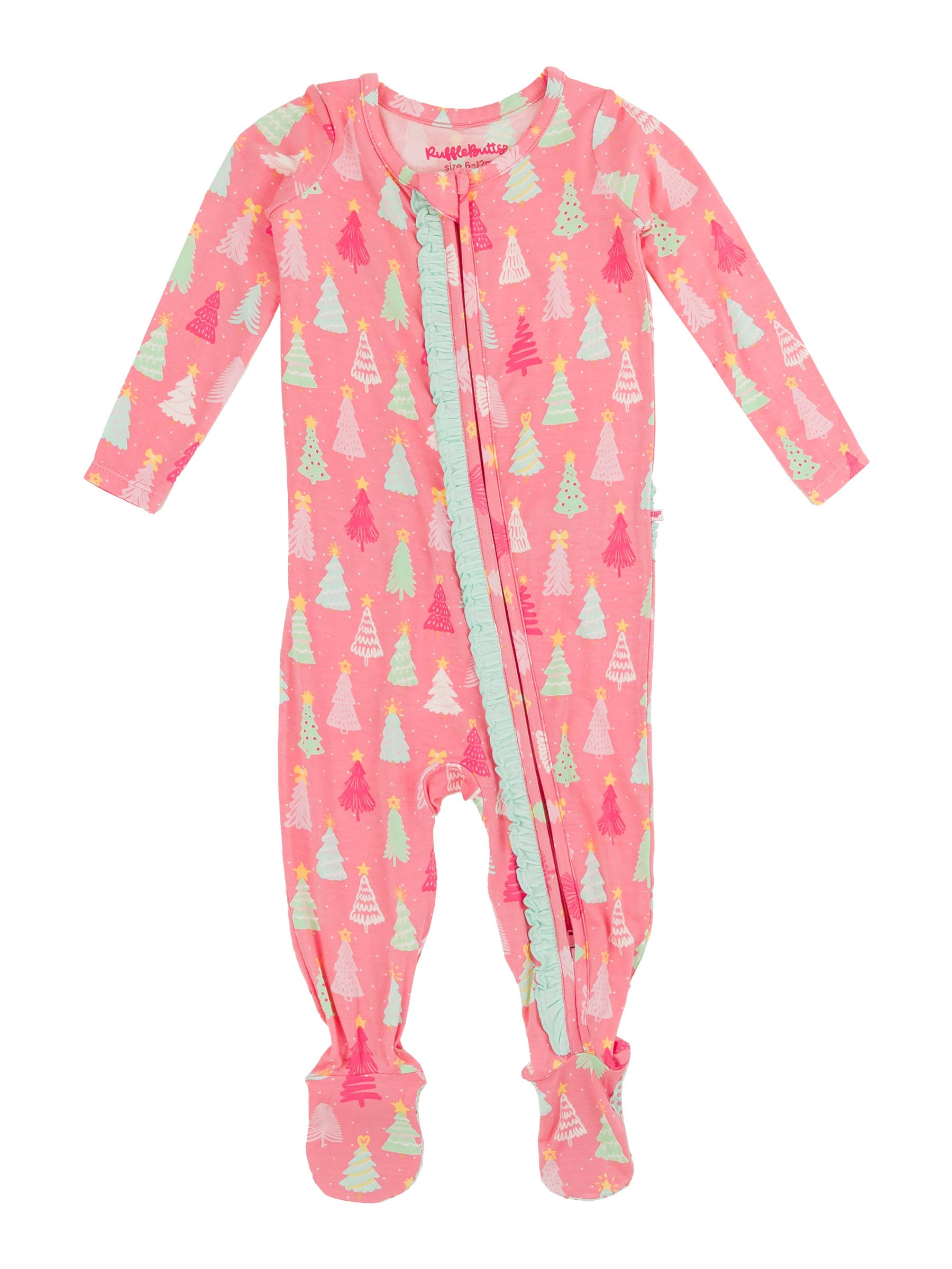 RuffleButts - Merry Pink Pines Bamboo Footed Ruffle One Piece Pajama (Final Sale)