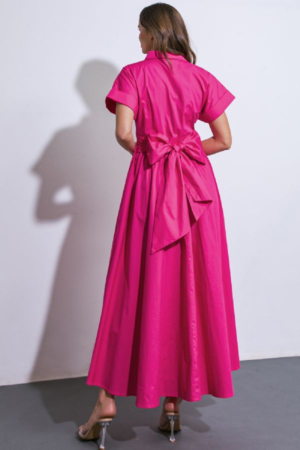 Fuchsia Woven Midi Dress w/ Bow (Final Sale)
