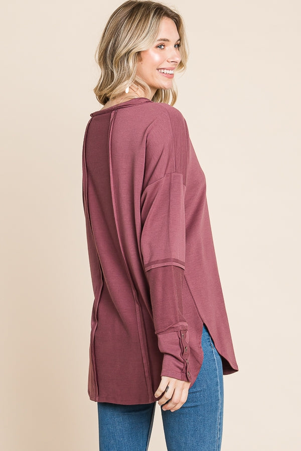 V-Neck Loose Fit Seam-Out Long Sleeve Top - Dusty Berry (Final Sale)