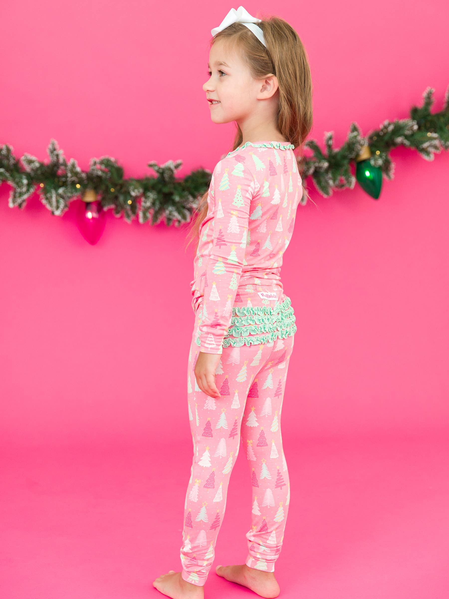 RuffleButts - Merry Pink Pines Bamboo Ruffle Long Sleeve Pajama Set