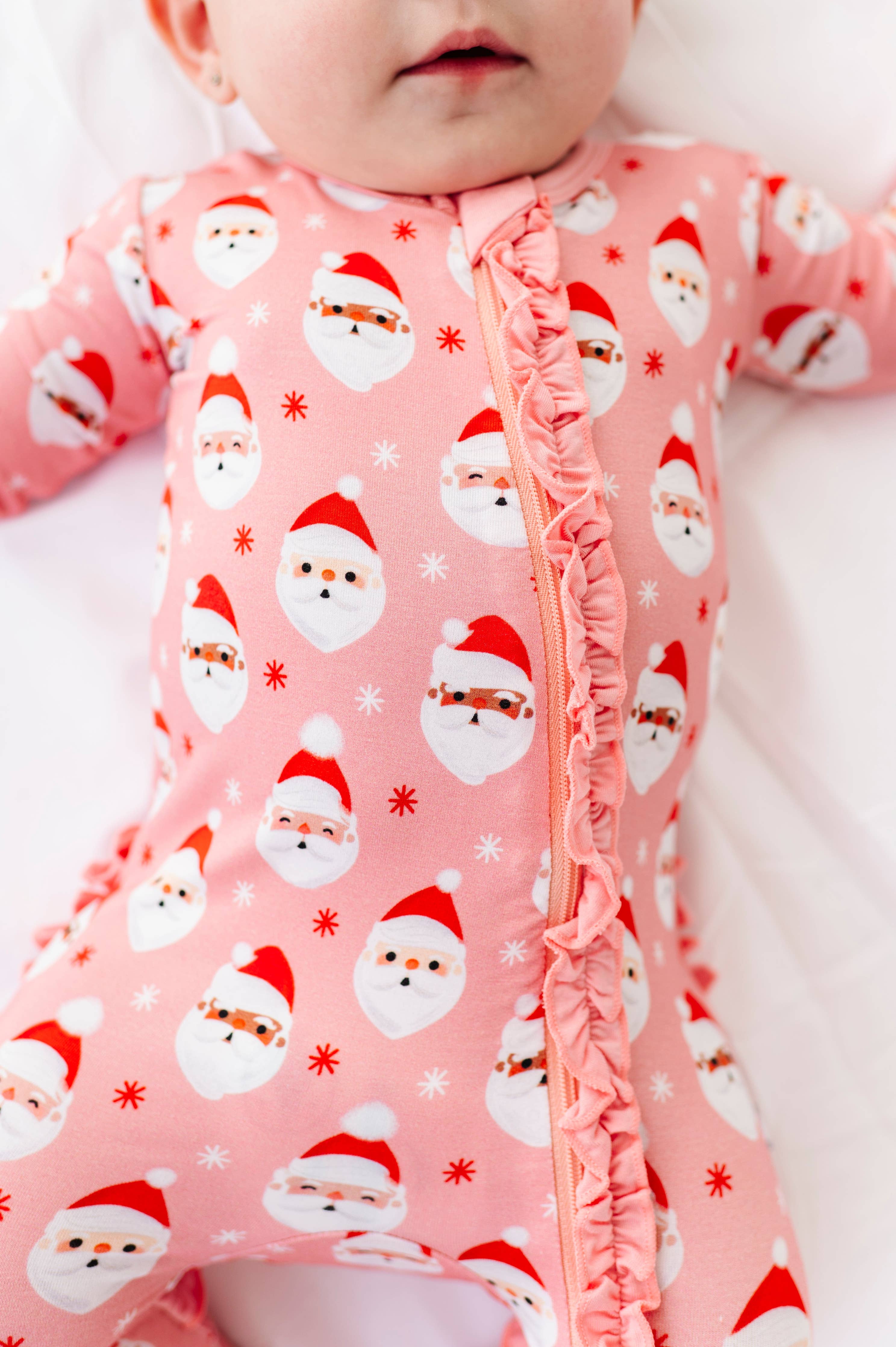 Macaron + Me Ruffled Footsie - Pink Vintage Santa