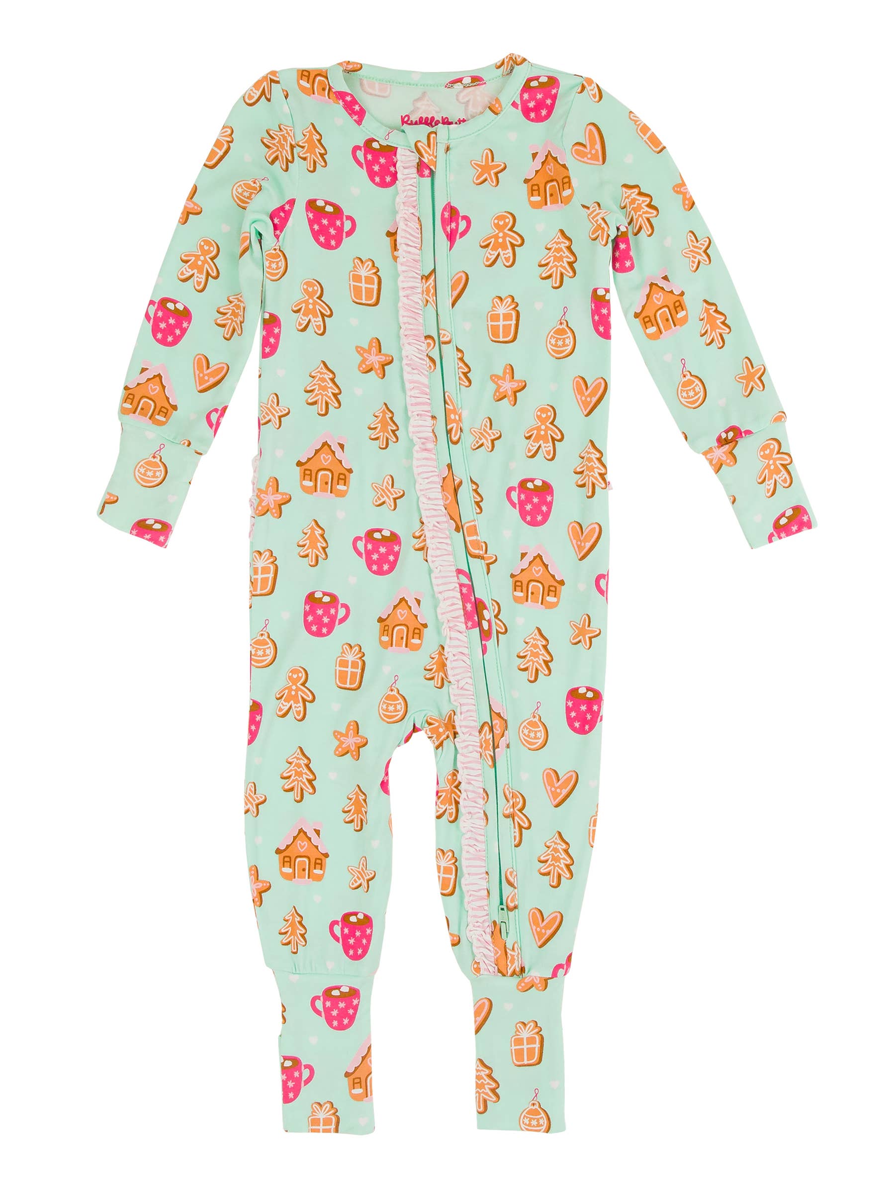 RuffleButts - Gingerbread Joy Bamboo Convertible Ruffle One Piece Pajama (Final Sale)