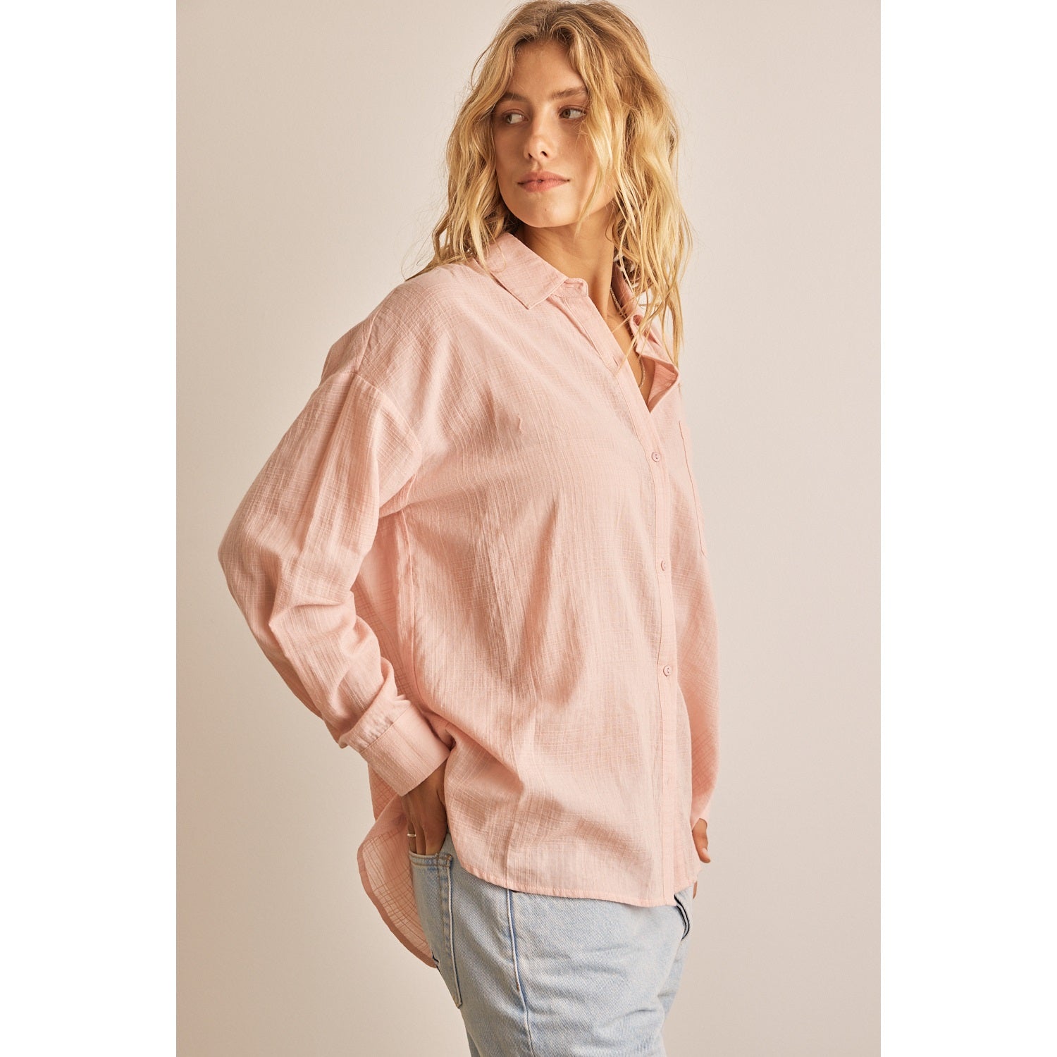 Loose Fit Grid Jacquard Textured Button Down Shirt - Blush